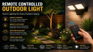 Remote controlled outdoor light providing convenient lighting in a landscaped garden