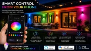 Outdoor color changing light bulb controlled with a smartphone app for custom colors and schedules.
