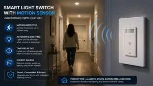Smart light switch with motion sensor automatically illuminating a residential hallway