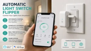 Automatic light switch flipper controlled remotely using a smartphone app from anywhere