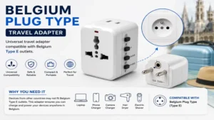 Universal travel adapter compatible with belgium plug type Type E outlets
