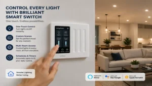 Homeowner using a brilliant smart switch to manage multiple room lighting scenes with one touch.