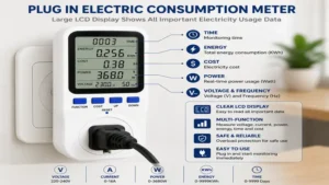 Plug in electric consumption meter with LCD display showing voltage, wattage, and energy consumption