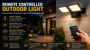 Remote controlled outdoor light mounted on an exterior wall for nighttime visibility