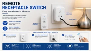Remote receptacle switch installation showing a wireless receiver connected to an outlet