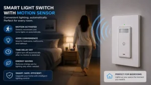 Smart light switch with motion sensor providing convenient automatic lighting in a bedroom