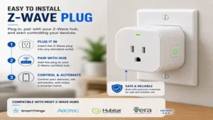 Z Wave plug installed in a standard wall outlet for seamless smart home integration