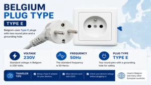 belgium plug type guide showing 230V voltage, 50Hz frequency, and Type E plug