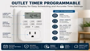 Outlet timer programmable with a digital display for easy scheduling and precise time settings