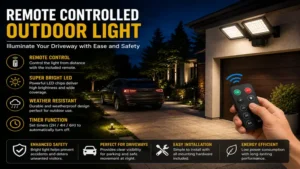 Remote controlled outdoor light illuminating a residential driveway after dark