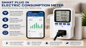 Smart plug in electric consumption meter helping reduce electricity costs through accurate monitoring