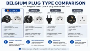 Comparison of belgium plug type with Type C, Type F, and Type G electrical plugs
