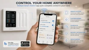 Smartphone connected to a brilliant smart switch for remote smart home automation and lighting control.