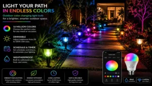 Outdoor color changing light bulb brightening a garden pathway with adjustable RGB lighting.