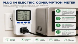 Plug in electric consumption meter installed between a wall outlet and electrical device
