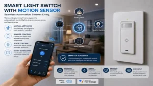 Smart light switch with motion sensor integrated into a modern home automation system
