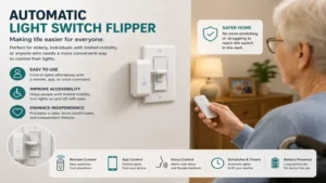 Automatic light switch flipper helping elderly users and people with limited mobility control lights easily