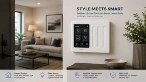 Stylish modern living room featuring a brilliant smart switch installed beside the entrance for convenient access.