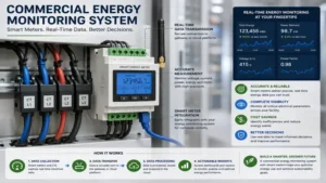 commercial energy monitoring system connected to smart meters for precise real-time electricity measurement and monitoring.