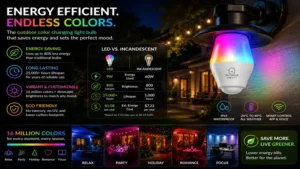 Outdoor color changing light bulb combining energy-efficient LED technology with vibrant color options.