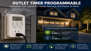 Outlet timer programmable used to schedule security lighting when homeowners are away