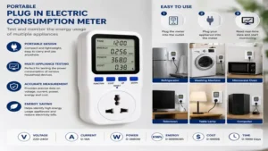 Portable plug in electric consumption meter for testing energy use of multiple household appliances