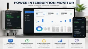 power interruption monitor displaying power interruption data and outage history