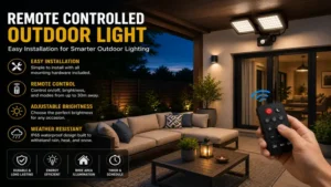 Remote controlled outdoor light installed on a covered outdoor living area