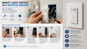 Smart light switch with motion sensor shown during installation for automated home lighting