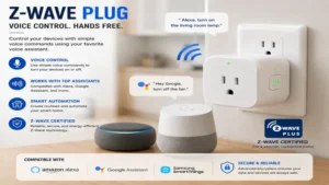 Z Wave plug compatible with voice assistants for hands-free smart home control