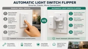 Comparison between a manual wall switch and an automatic light switch flipper for smarter lighting control