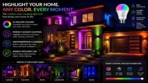 Outdoor color changing light bulb highlighting architectural features with customizable exterior lighting.
