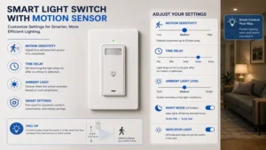 Smart light switch with motion sensor settings for adjusting motion detection and automatic lighting