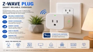 Z Wave plug designed for indoor use with reliable wireless connectivity and smart scheduling