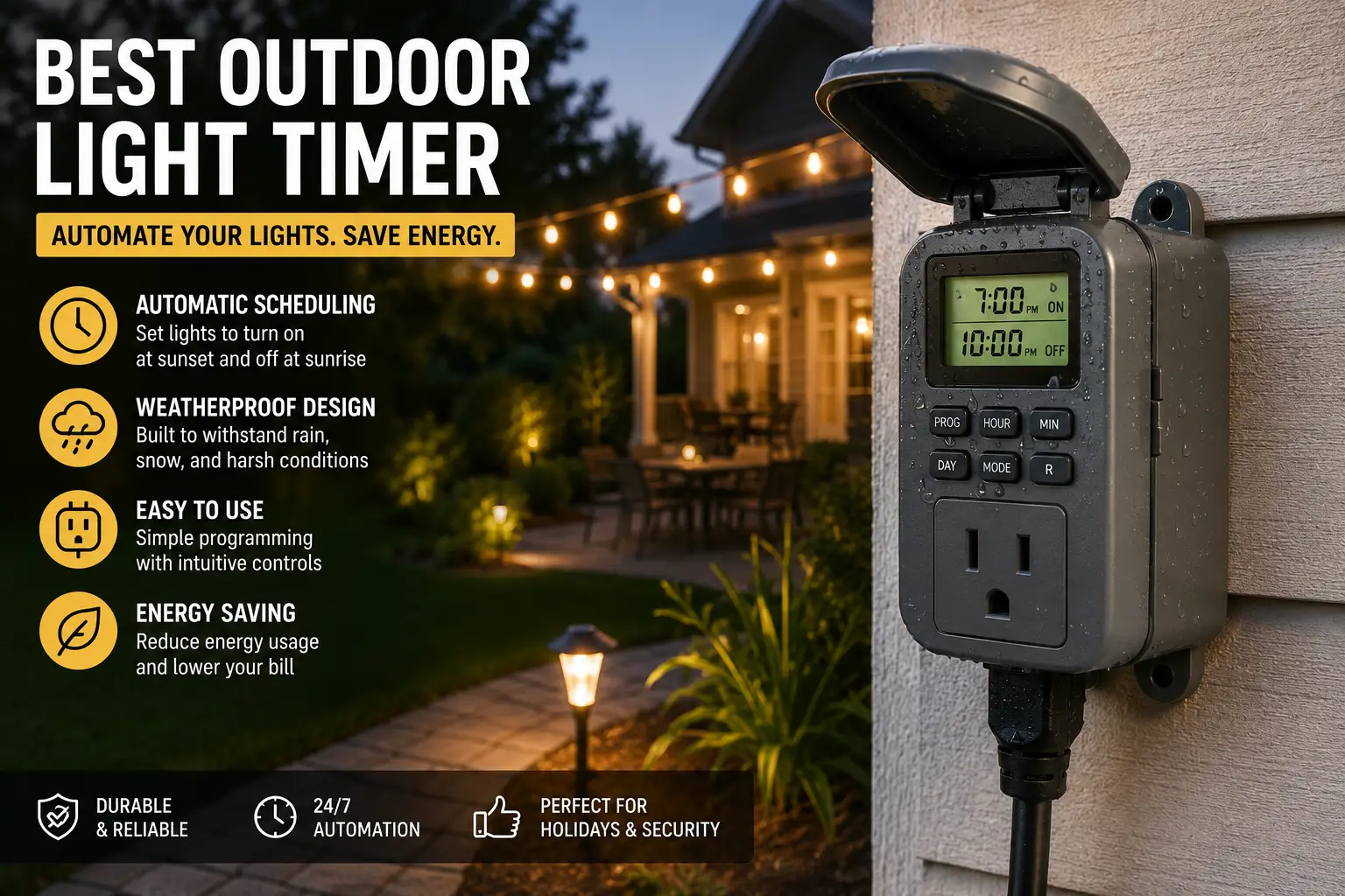 Best outdoor light timer mounted on a home exterior for automatic scheduling of patio and landscape lights