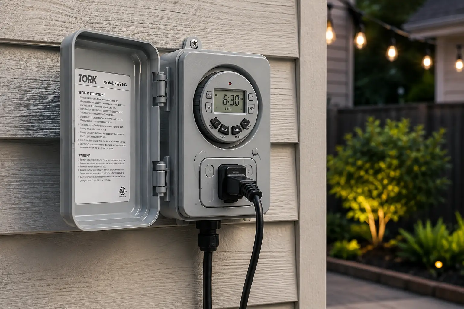 Exterior timer switch mounted on a home wall for automatically controlling outdoor lights
