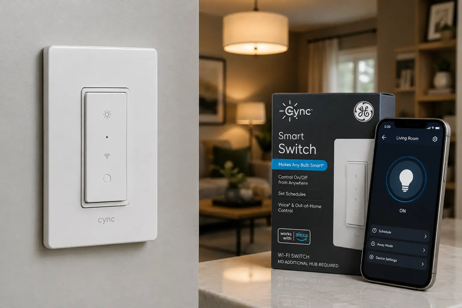 GE Cync smart light switch with smartphone app control in a modern home