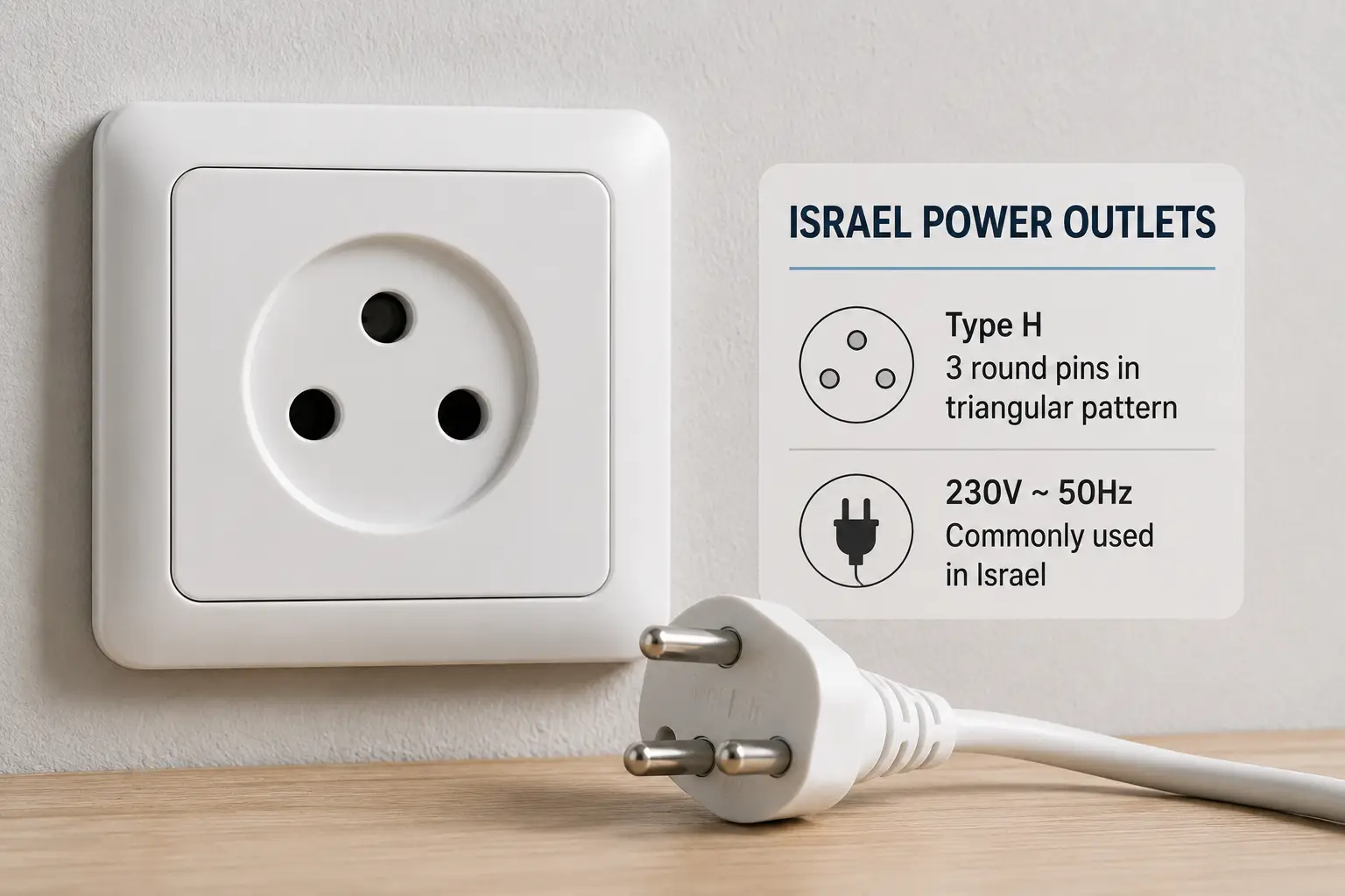 Israeli Type H power outlet and matching three-pin plug showing the common outlet design used in Israel.