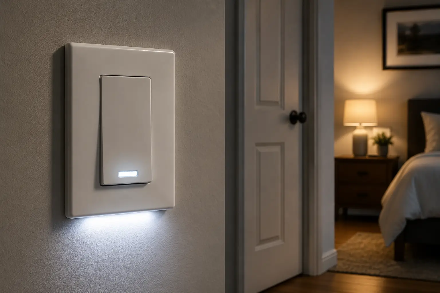 Modern light switch with built-in LED indicator glowing on a hallway wall at night