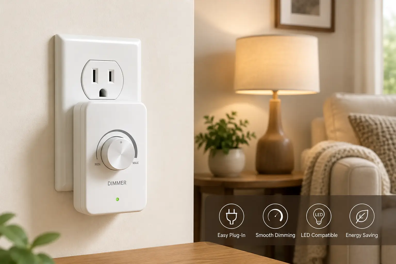 Plug-in dimmer switch with adjustable brightness dial installed in a wall outlet