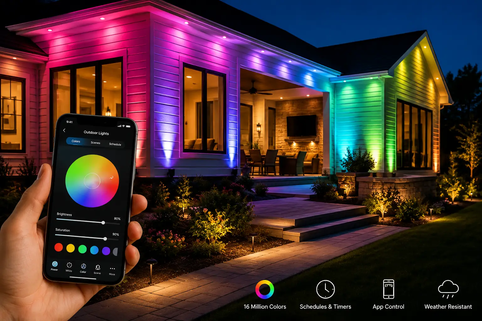 Programmable color changing outdoor lights illuminating a modern home with smartphone app control