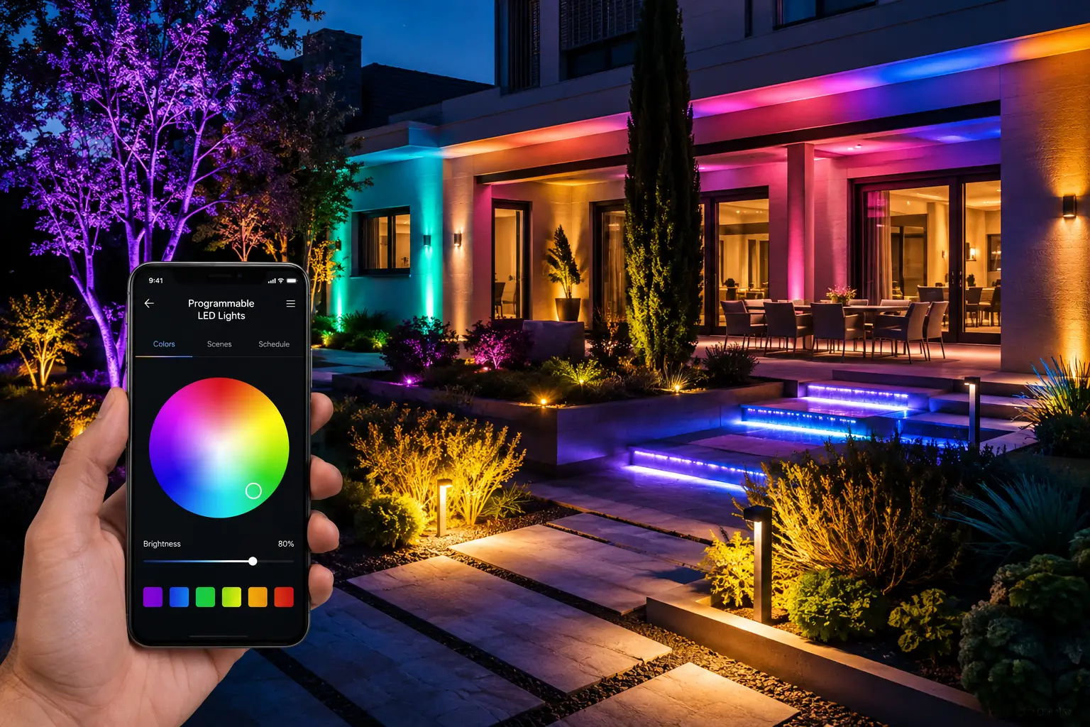 Programmable outdoor LED lights illuminating a modern home, garden, pathway, and patio in vibrant customizable colors
