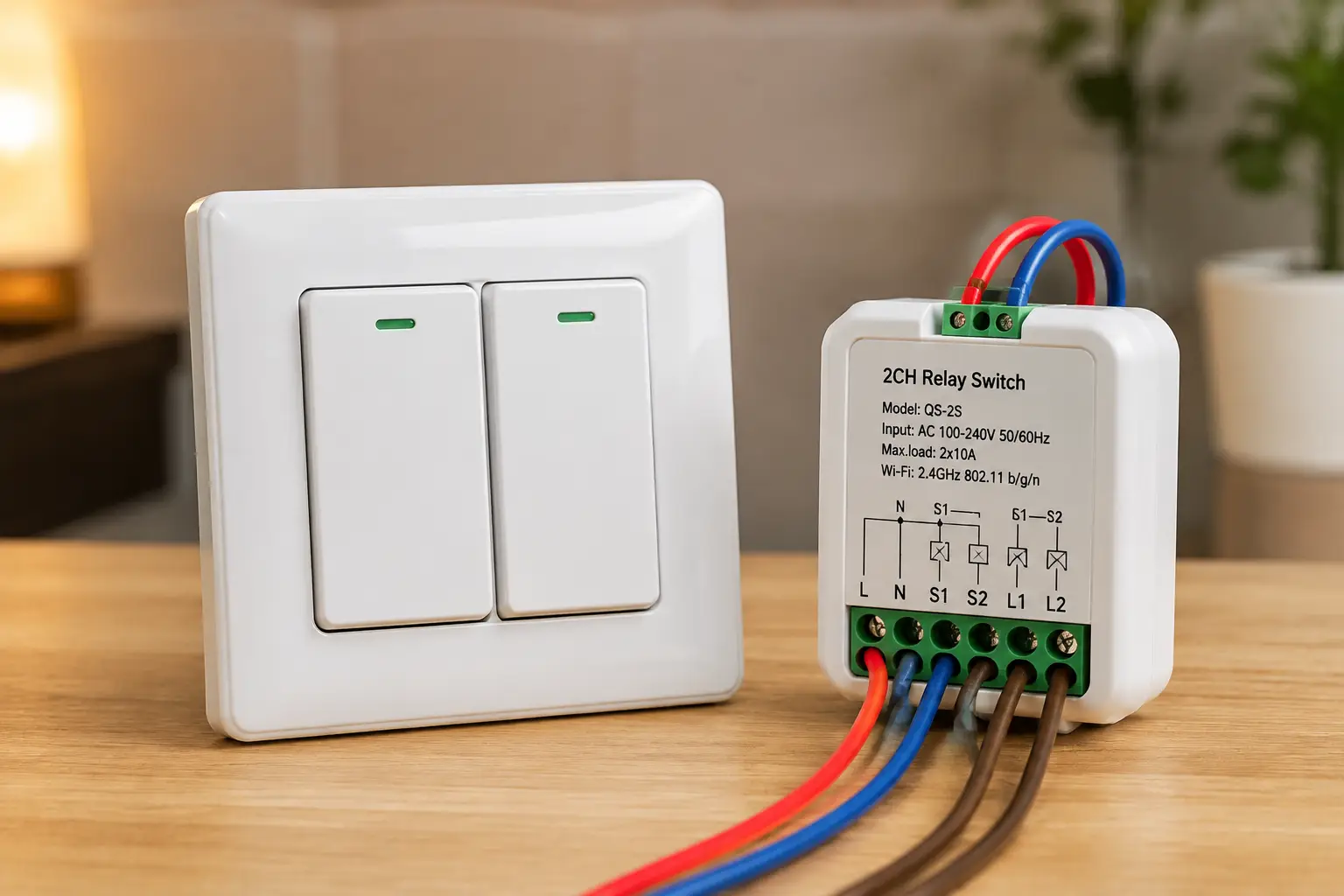 relay light switch with a smart relay module and dual wall switch in a modern home setting