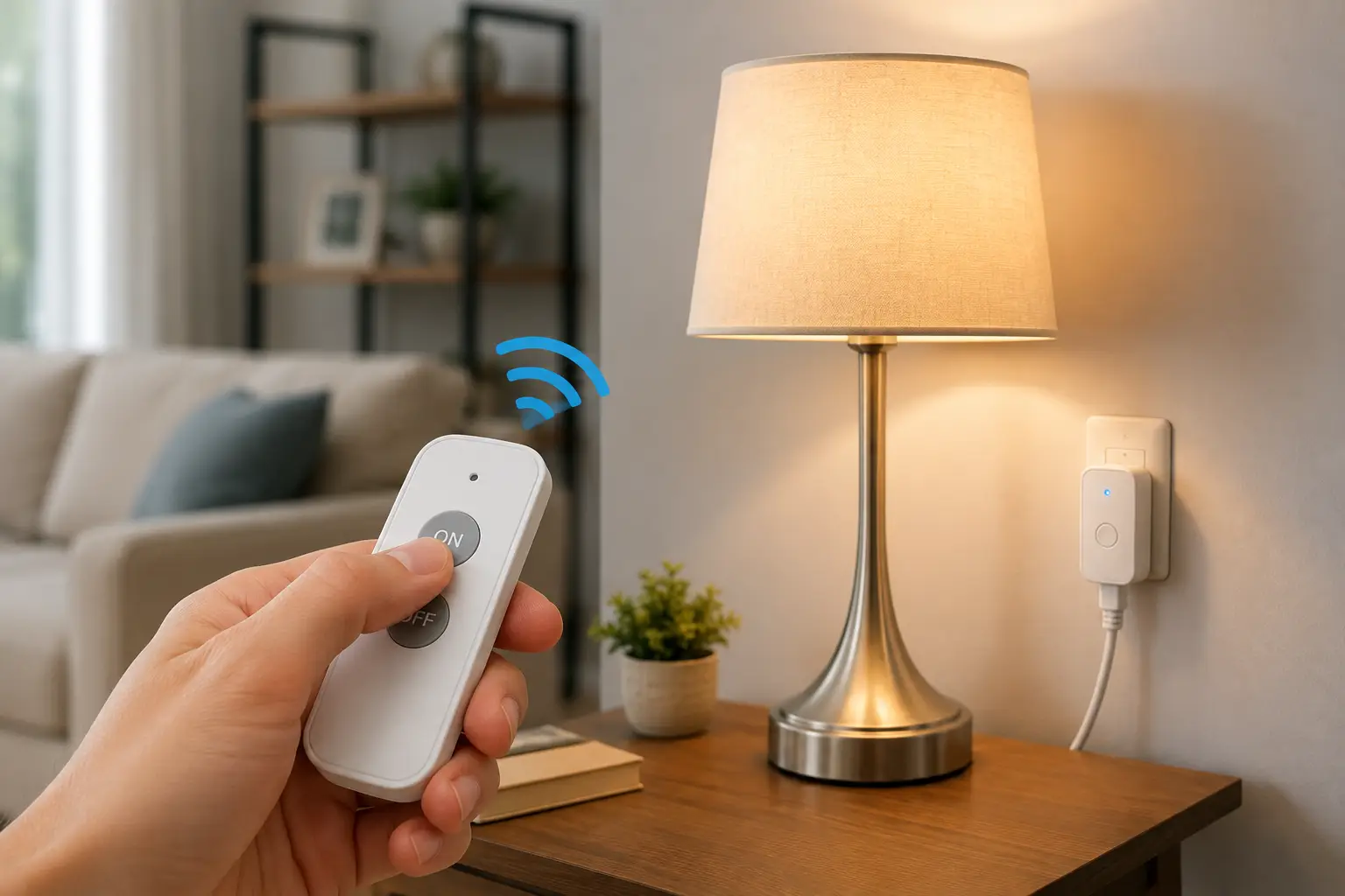 Wireless remote lamp switch controlling a table lamp from across a modern living room