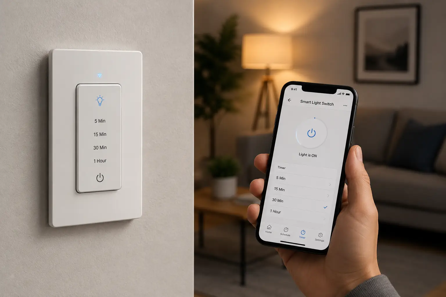 Smart light switch timer with wall control and smartphone app for scheduling home lighting.