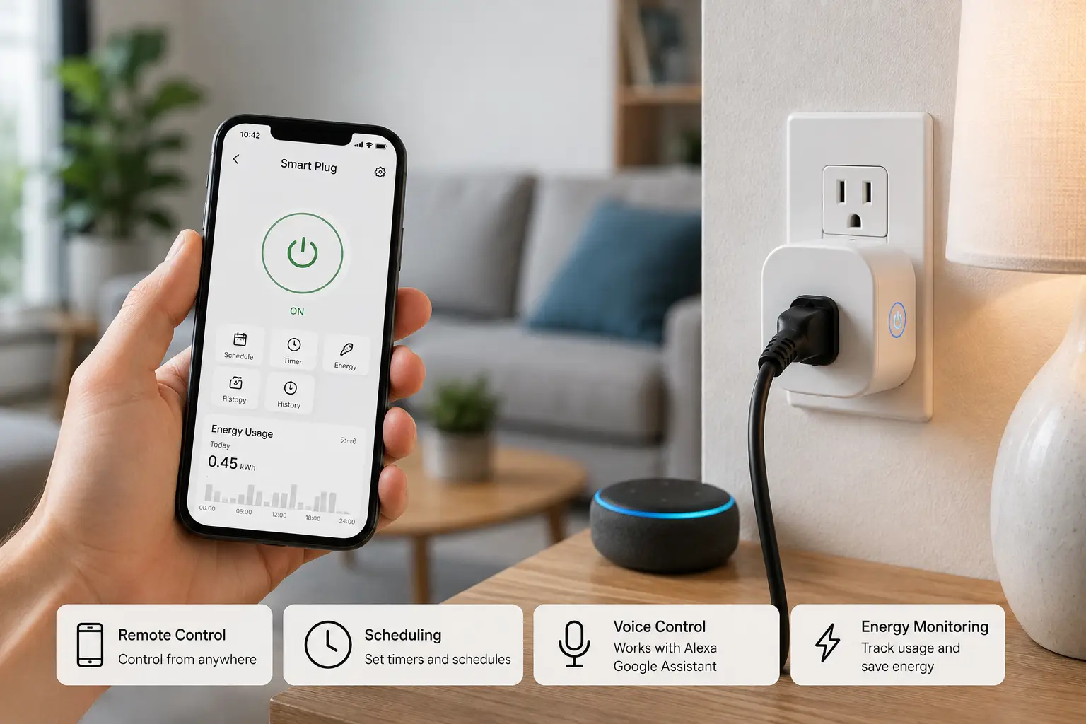 Smart plug connected to a lamp with a smartphone showing remote control, scheduling, and energy monitoring features.