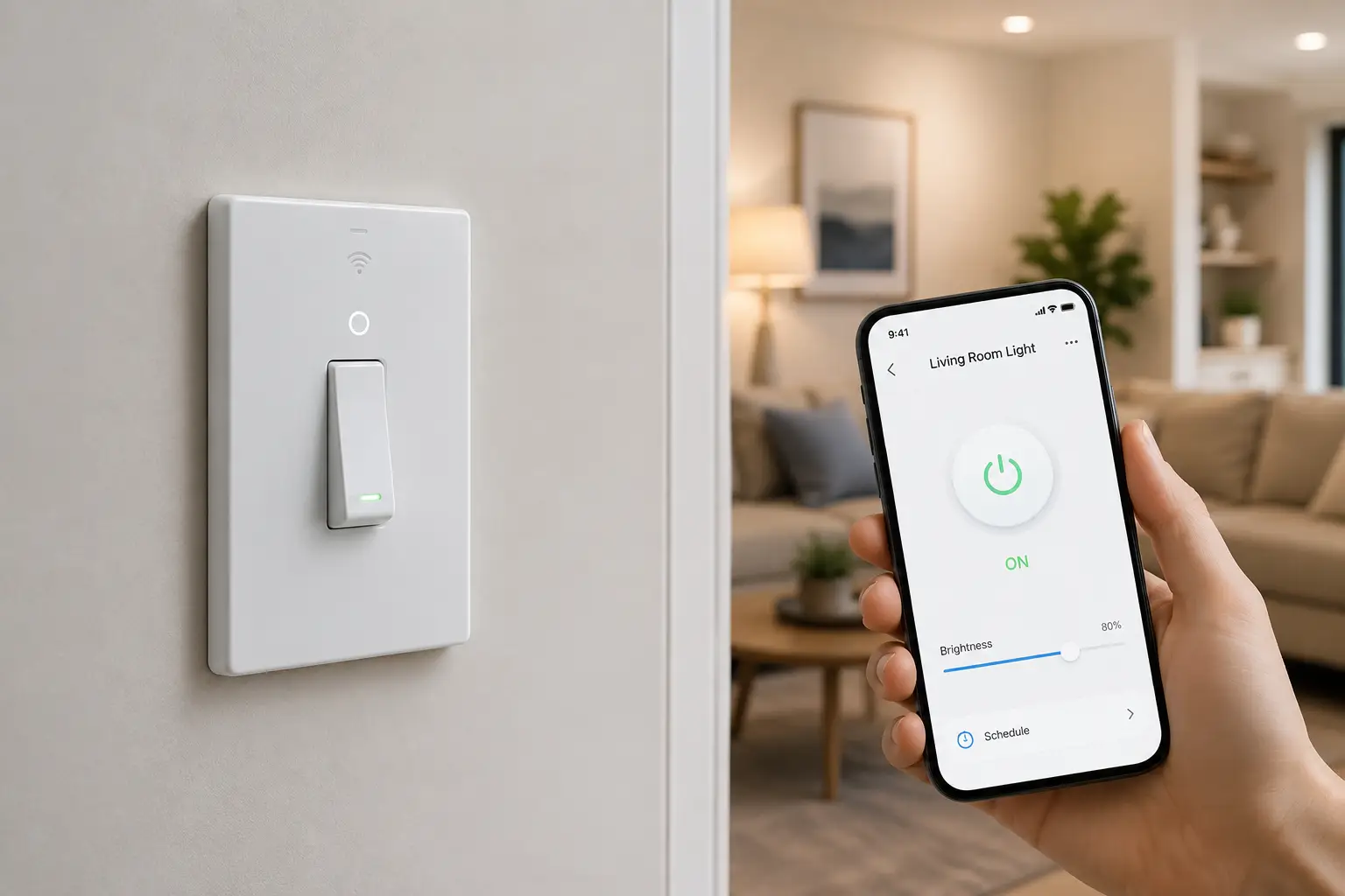 Smart toggle light switch connected to a smartphone app for convenient home lighting control.