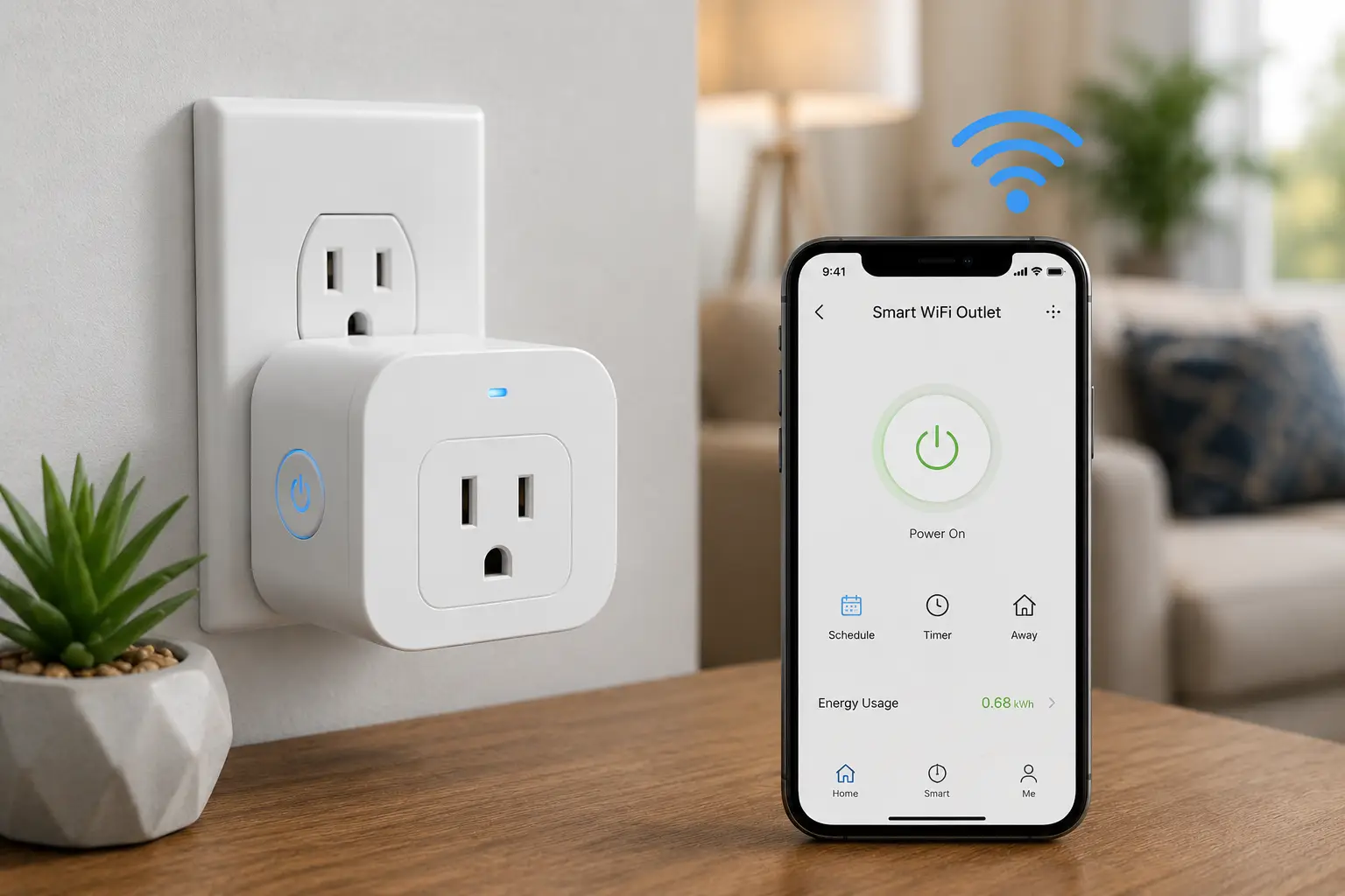 Smart WiFi outlet connected to a wall socket with a smartphone app for remote power control and scheduling.