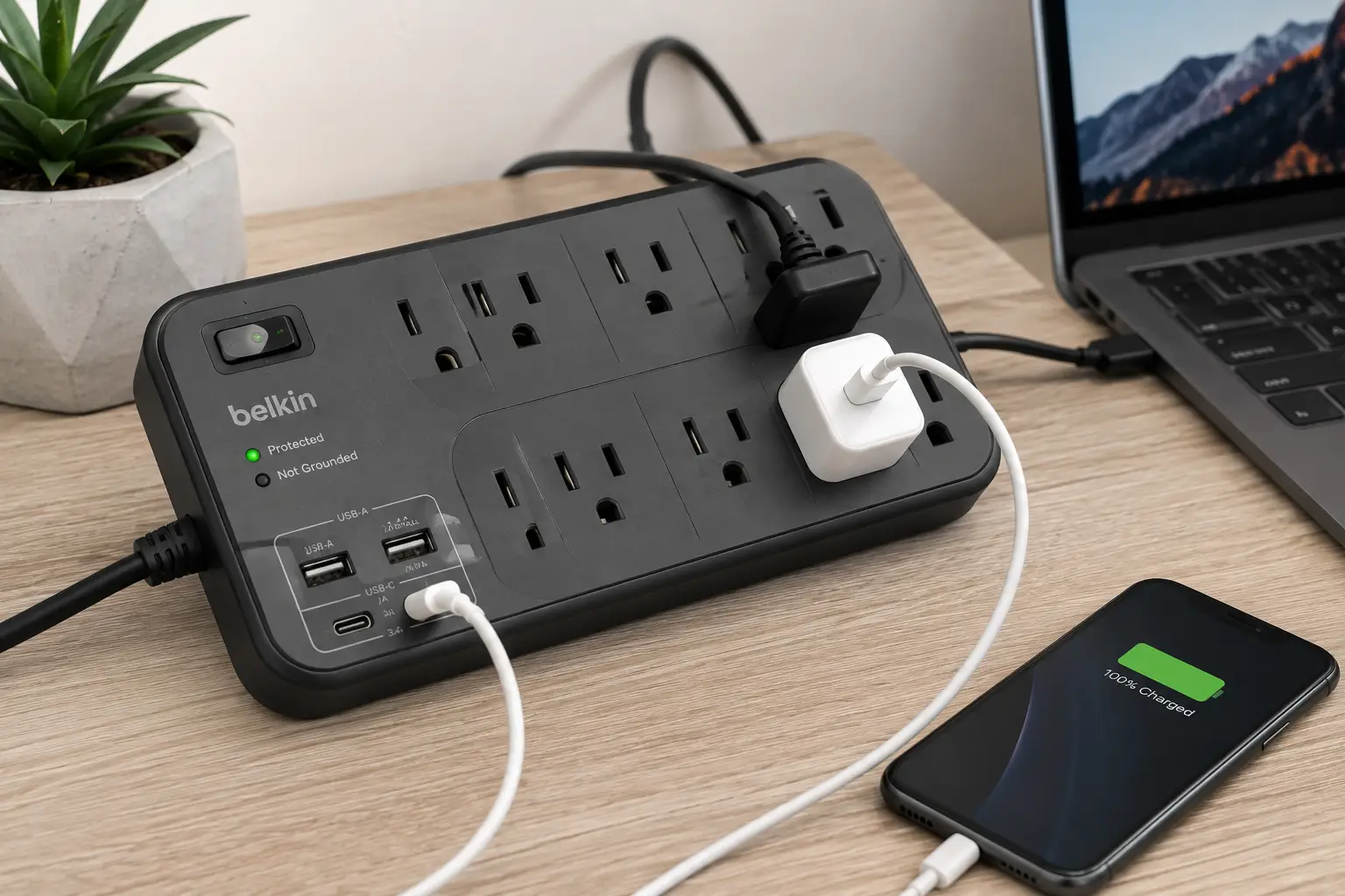 Surge protectors with USB ports and multiple outlets charging electronic devices on a home office desk