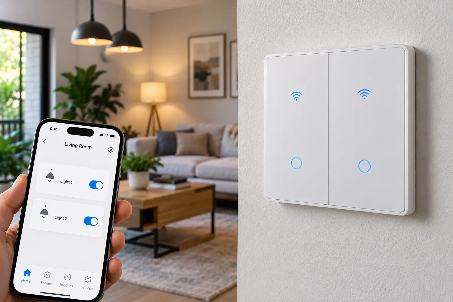Dual smart switch controlling two lights with a smartphone app in a modern living room